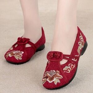 Embroidered Red Mary Jane Flats for Women